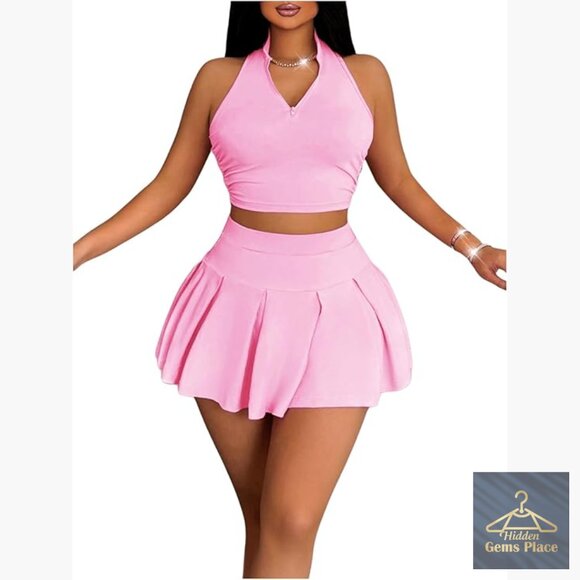 2 Piece Tennis Skirt Set Sleeveless Crop Tank High Waisted Pleated Mini Skirt